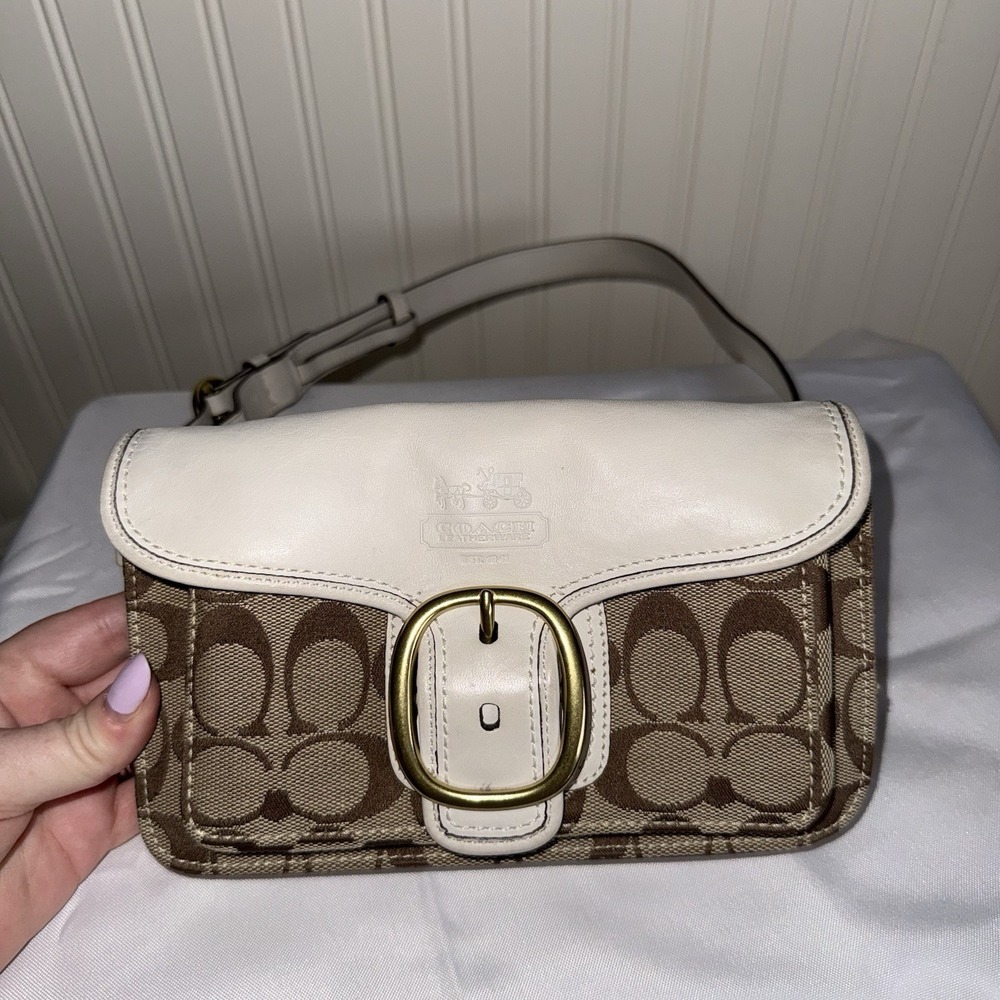 Vintage Coach Bleeker Legacy Tattersall Flap Leather Belt Sling Bag White Brown